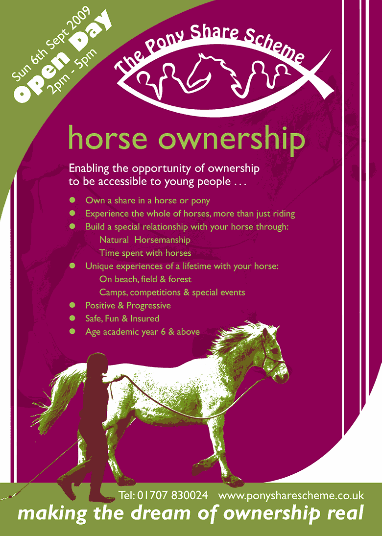 Graphic showing details of the Pony Share Scheme Open Day. Sunday 6th Sept 2009, 2pm - 5pm.